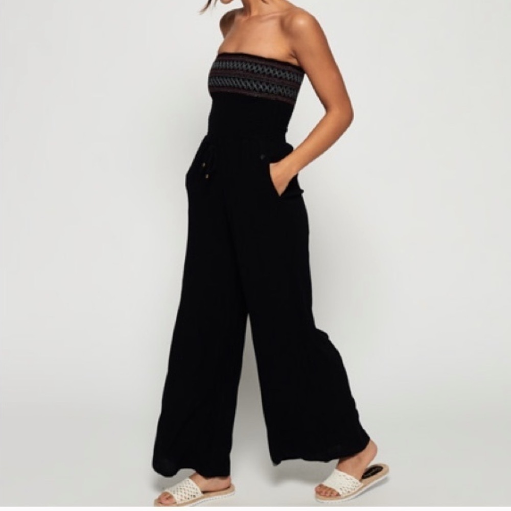 Superdry Black Strapless Wide-Leg Jumpsuit with Patterned Bodice